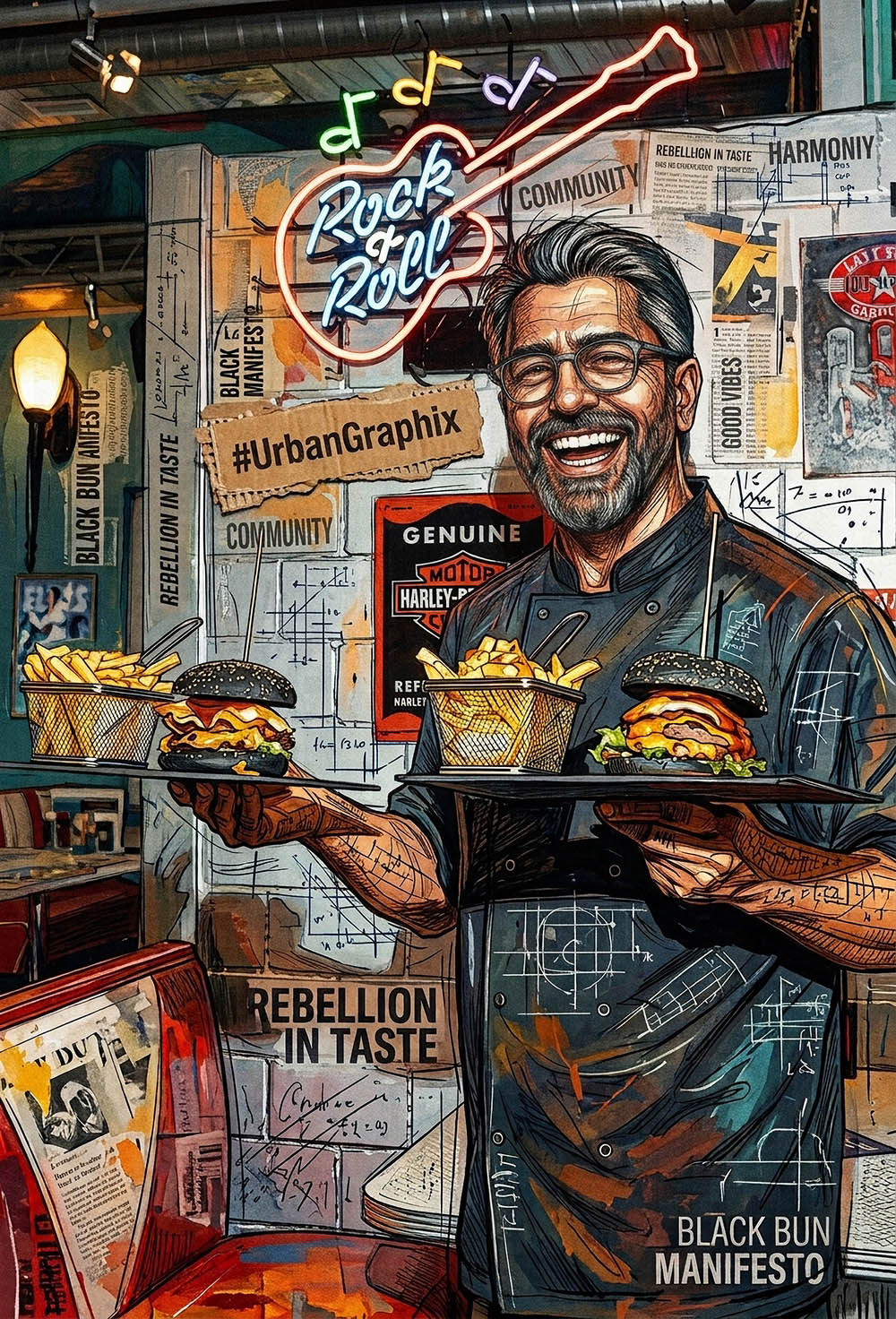 Mixed-Media-Porträt Hasan Burger Chef als Kunstwerk, Urbangraphix