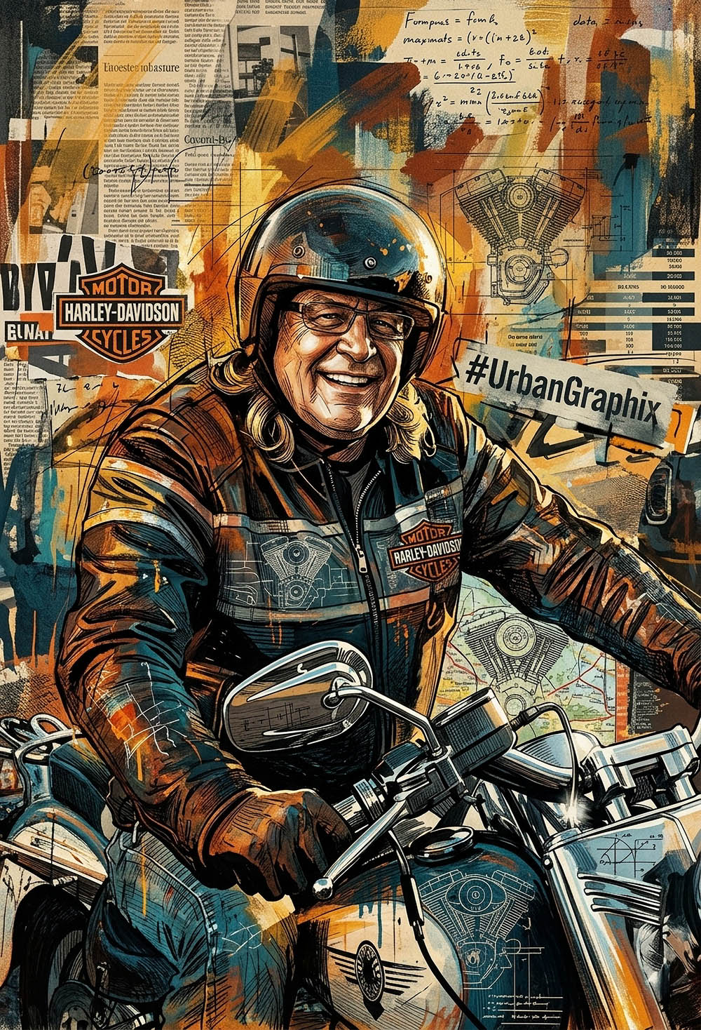 Mixed-Media-Porträt: Mike, Harley-Fahrer. Motorrad-Porträt als Kunstwerk, Urbangraphix